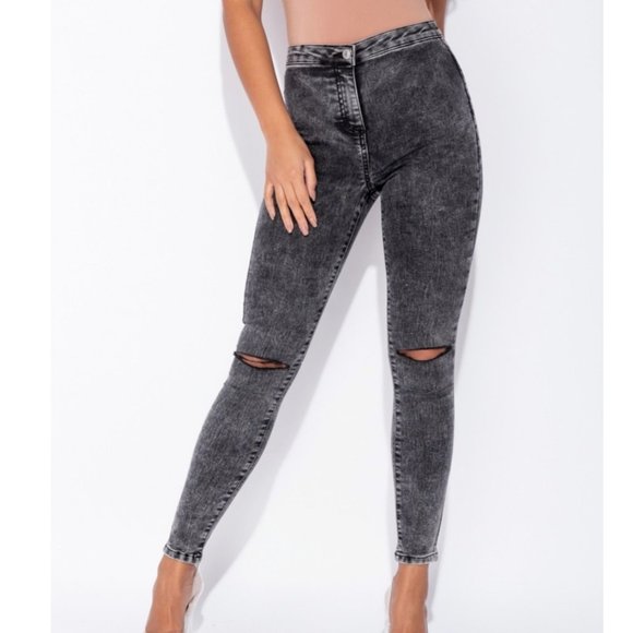 Gray Acid Wash High Waist Ripped Distressed Skinny Denim Jeggings Pants - Picture 6 of 10